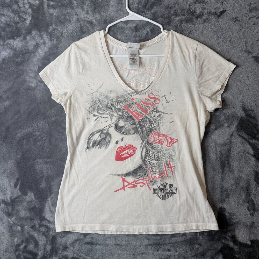 Vintage Y2K Womens Harley Davidson V-Neck White Top Size X-Large NYC Kiss My